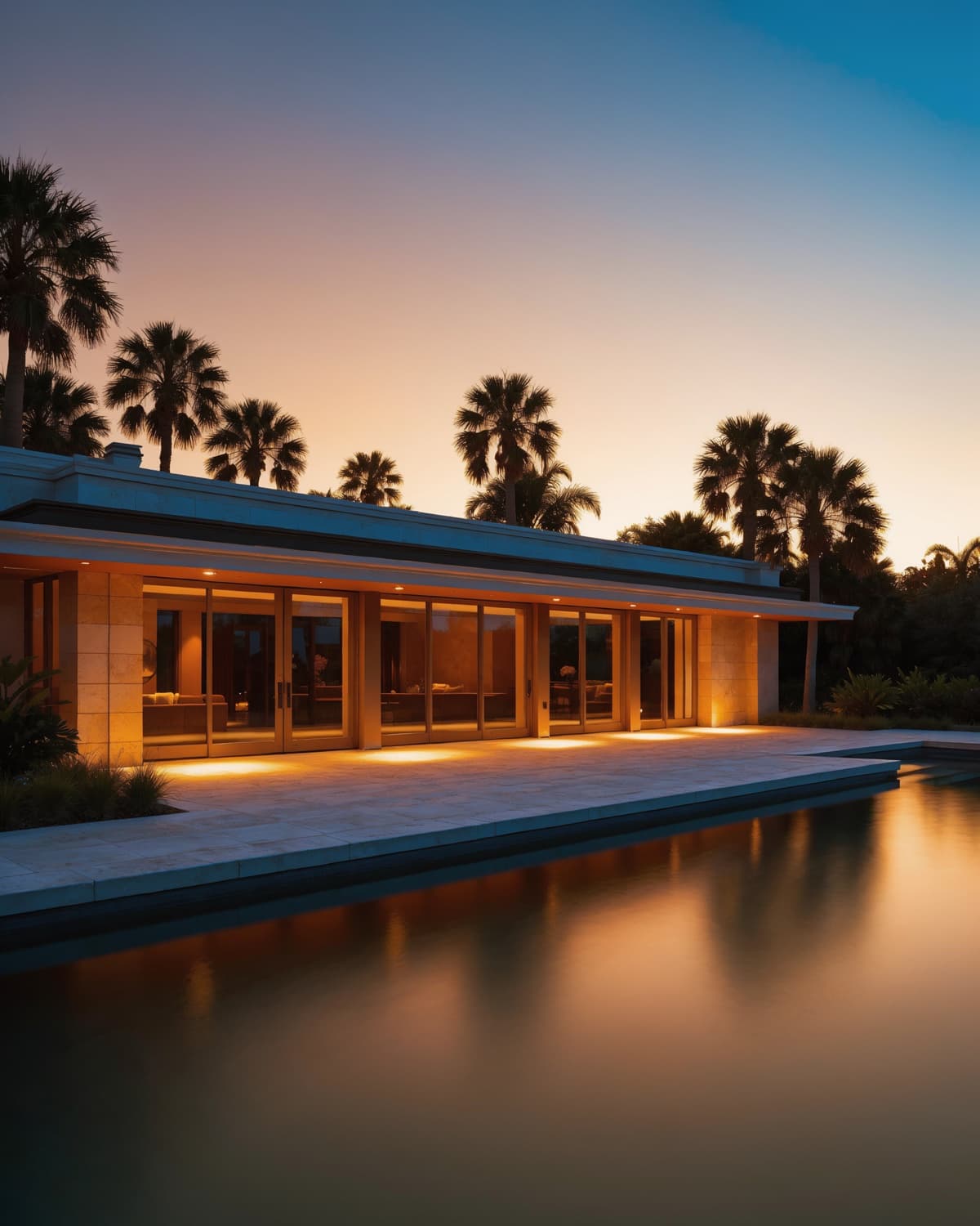 Florida home at dusk with warm interior lights, palms, and a still pool